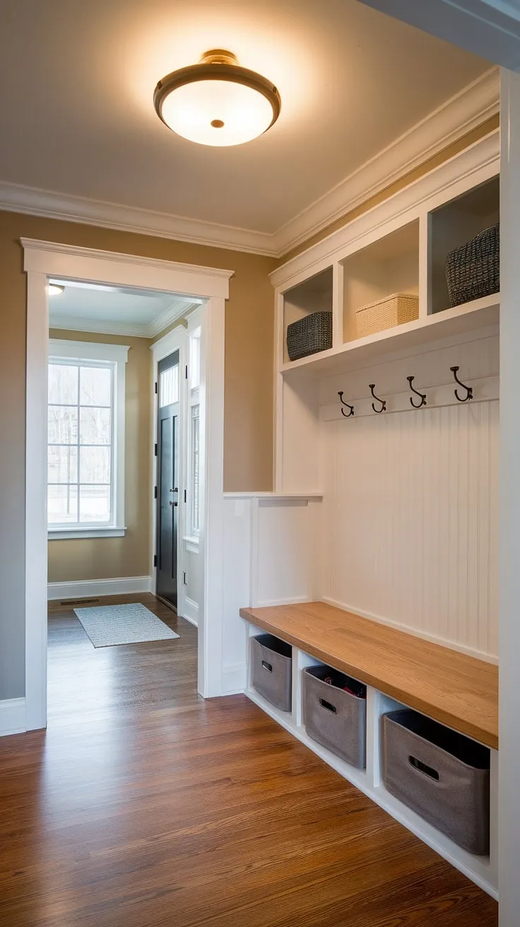 Step into effortless organization with this modern mudroom's drop zone entry. Smart storage and a welcoming design make this entryway mudroom the perfect blend of style and function.