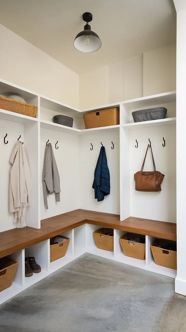 This modern mudroom boasts a functional drop zone entry, complete with a wood bench offering ample storage and wall-mounted hooks for coats and bags. The minimalist design, featuring a concrete floor and simple light fixture, makes this entryway mudroom—or foyer mudroom, if you prefer—the perfect blend of style and practicality. Mudroom ideas don't get much better than this entry hall mudroom with its thoughtful use of space. The mudroom with drop zone and mudroom wood bench create a seamless mudroom entrance.