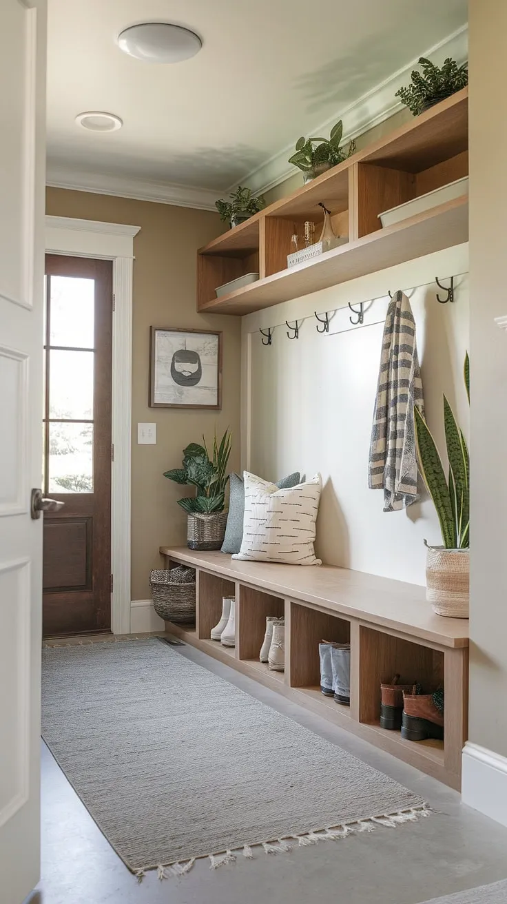 Step into serenity with this entry hall mudroom. The thoughtfully designed drop zone entry and mudroom wood bench offer the perfect mudroom ideas for a functional and beautiful foyer mudroom.