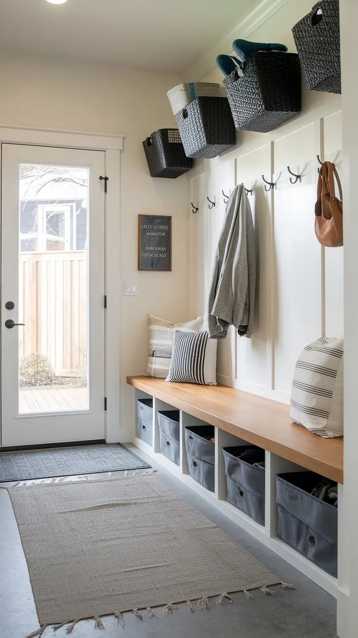 This entryway design boasts a stunning mudroom with drop zone, ideal for maintaining a tidy home. The mudroom ideas showcased here include a practical mudroom wood bench with storage, a wall-mounted coat rack and shoe rack, and stylish woven baskets. This entryway mudroom, or foyer mudroom, effortlessly blends functionality and modern aesthetics. The thoughtful use of space makes this mudroom entrance a true highlight, showcasing the best in entry hall mudroom design.