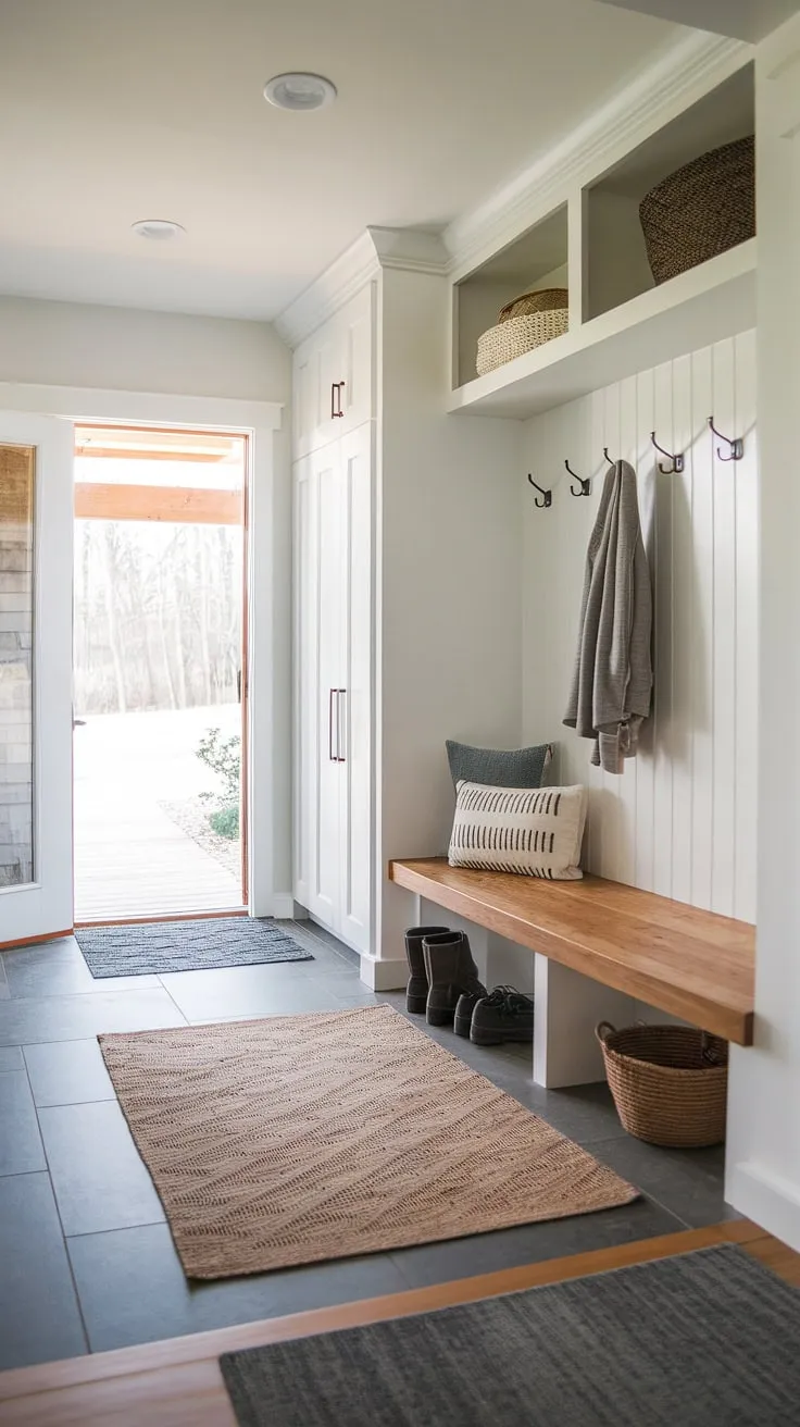 This modern mudroom boasts a seamless blend of style and functionality. The entryway mudroom features a spacious drop zone with a convenient storage bin and mat, perfectly complementing the mudroom wood bench and coat rack. The entry hall mudroom's design incorporates a mix of wood and tile flooring, creating a welcoming foyer mudroom. This mudroom with drop zone offers ample storage solutions, making it the ideal mudroom entrance for busy families. Consider this entryway design inspiration for your own mudroom ideas.