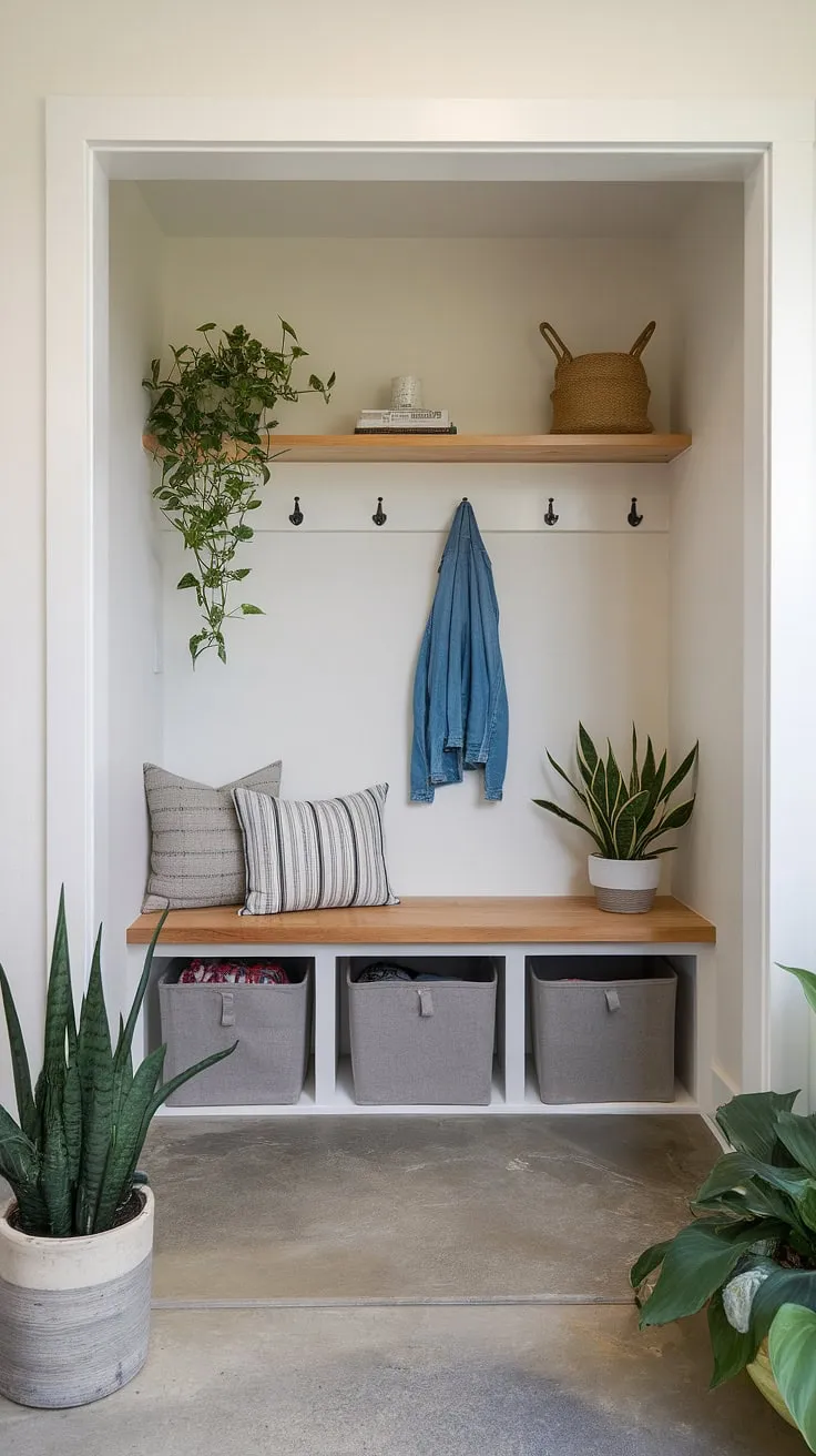 A streamlined entryway design defines this entry hall mudroom. The mudroom with drop zone features a stylish mudroom wood bench with storage bins, providing a designated area for shoes and bags. Above, a coat rack and shelf maximize space in this modern mudroom. Potted plants add a touch of life to this functional foyer mudroom, showcasing smart mudroom ideas. The concrete floor complements the clean white walls, creating a welcoming mudroom entrance. This entryway mudroom is the perfect blend of form and function.