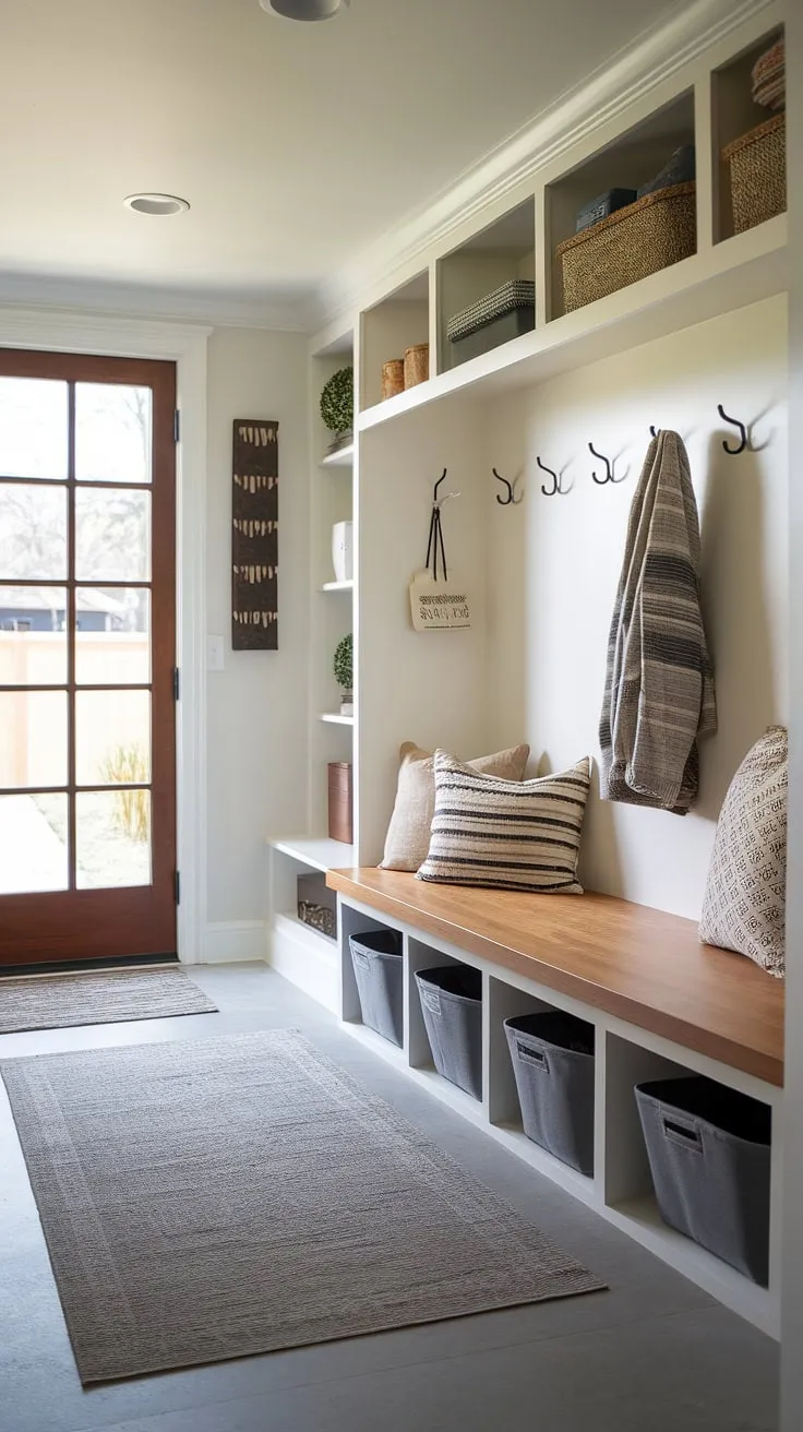 Step into effortless organization with this entryway mudroom. The mudroom entrance features a dedicated drop zone entry, highlighted by a sleek mudroom wood bench with built-in storage bins. This modern mudroom showcases clever mudroom ideas, including wall-mounted hooks and shelves, creating a functional and aesthetically pleasing foyer mudroom. The thoughtful entryway design ensures a clutter-free entry hall mudroom.
