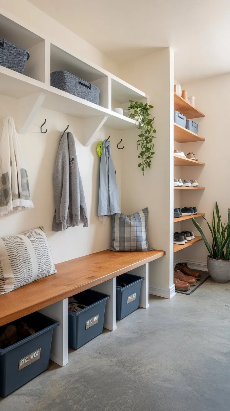 Effortless organization starts at the drop zone entry. This modern mudroom, complete with a wood bench and ample storage, transforms a mudroom entrance into a stylish entryway design.