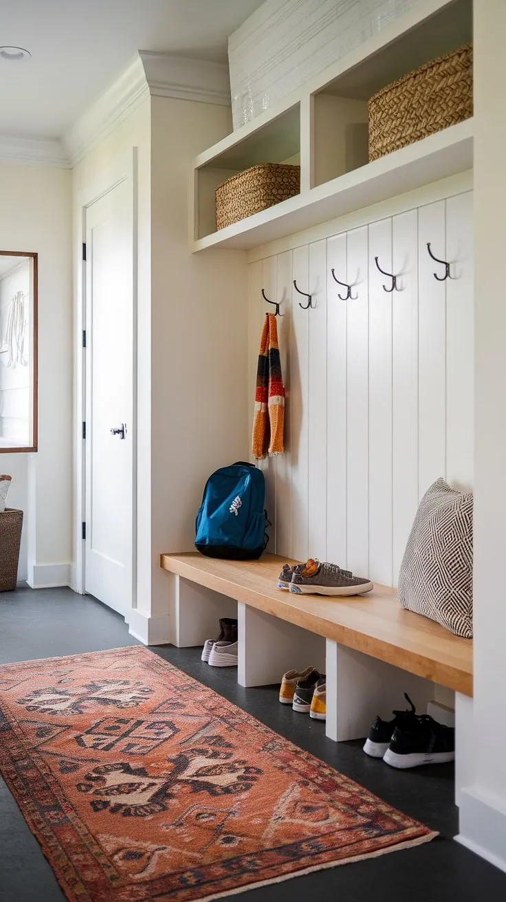 Step into effortless organization with this modern mudroom's drop zone entry. The perfect blend of style and function for your entryway design.