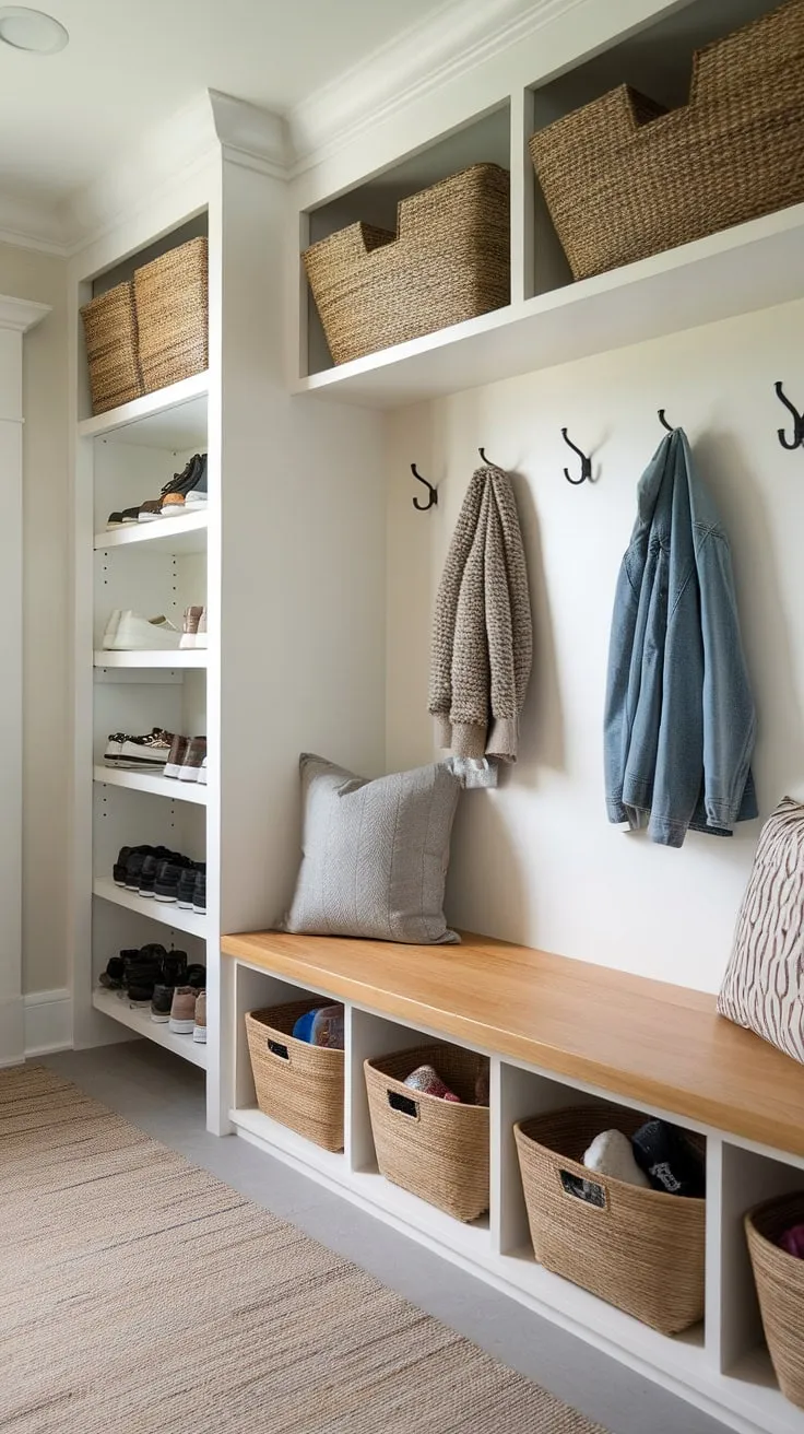 This modern mudroom boasts a practical drop zone entry, complete with a wood bench offering ample storage baskets, wall-mounted coat hooks, and a shoe shelf. The entryway design seamlessly blends functionality and style, creating a welcoming mudroom entrance perfect for busy families. This entry hall mudroom showcases clever mudroom ideas for maximizing space and organization. A stylish rug completes the look of this foyer mudroom and mudroom with drop zone.