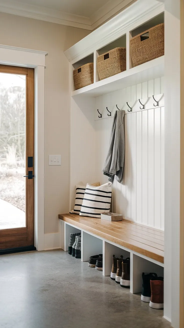 Sunlight streams into this modern mudroom, highlighting the functional beauty of the wood bench and built-in storage. The designated drop zone entry keeps coats, shoes (neatly contained in a woven basket), and bags organized, making this entryway mudroom a stylish and practical foyer mudroom solution. This mudroom with drop zone offers a perfect blend of form and function, showcasing clever mudroom ideas for entry hall mudroom design. The concrete floor and white walls provide a clean backdrop for the warm tones of the mudroom wood bench, creating a welcoming mudroom entrance.