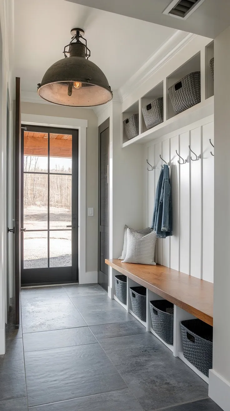 Effortless organization starts at the drop zone entry. This modern mudroom, complete with a wood bench and ample storage, is the perfect blend of style and function for your entryway design. Mudroom ideas don't get much better than this entry hall mudroom.