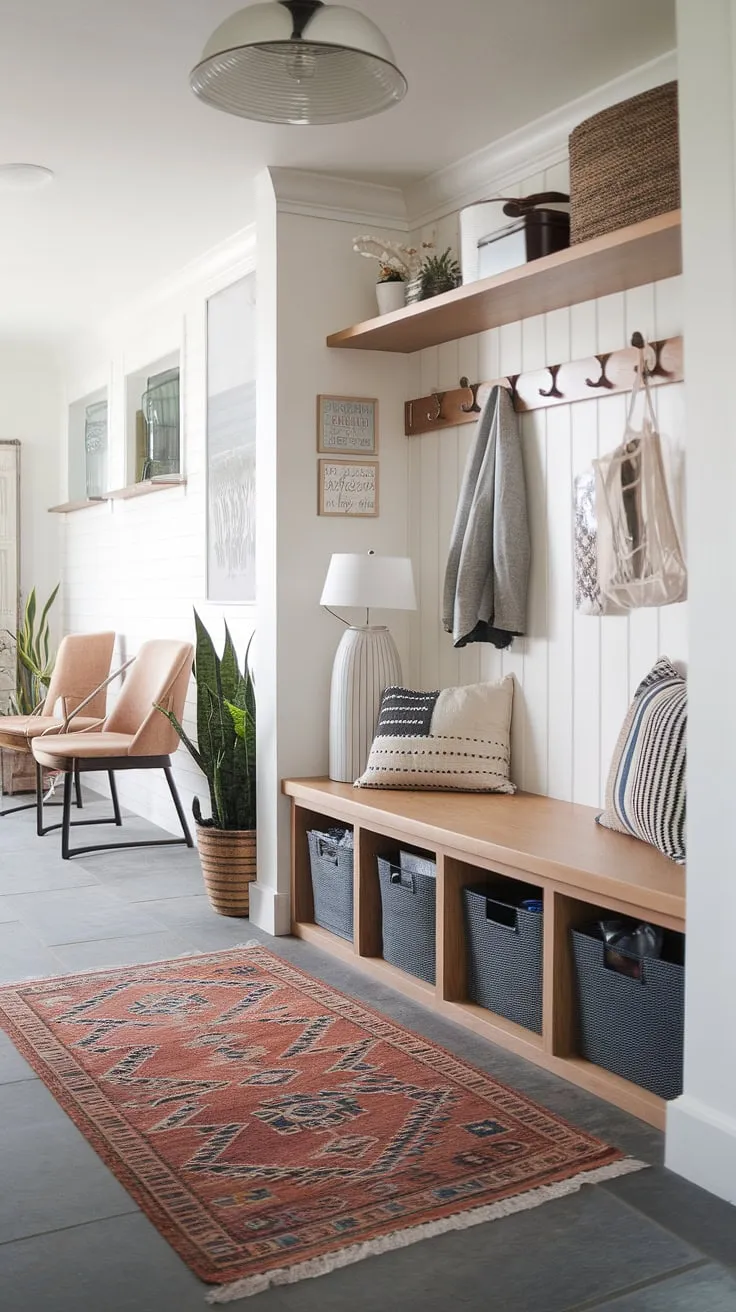 Step into serenity with this entryway mudroom. The thoughtfully designed drop zone entry and mudroom with drop zone provide a practical yet chic foyer mudroom and entry hall mudroom solution. A mudroom wood bench adds both style and functionality to this modern mudroom's entryway design.