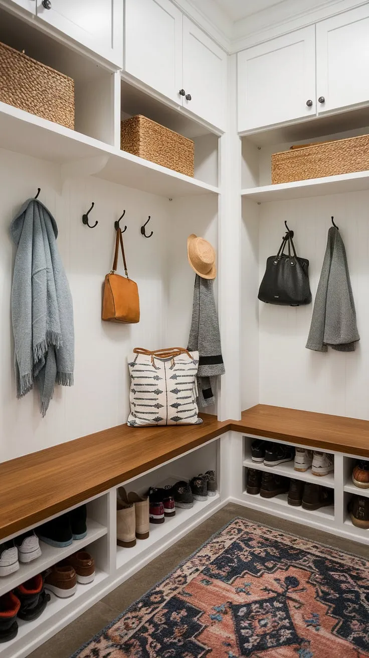 Step into effortless organization with this stunning drop zone entry. Modern mudroom ideas meet practical function in this entryway mudroom, featuring a mudroom wood bench and ample storage.
