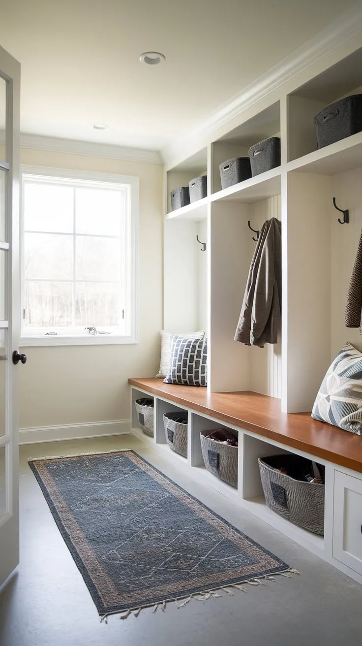 Step into effortless organization with this bright and functional drop zone entry. Mudroom ideas perfected: a modern mudroom with a wood bench, ample storage, and a welcoming entryway design.