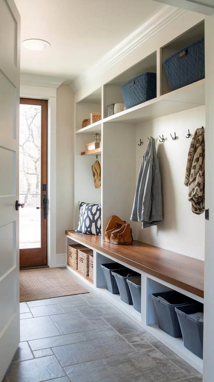 Step into effortless organization with this stunning drop zone entry. Modern mudroom ideas meet practical function in this entryway mudroom, featuring a mudroom wood bench and ample storage.