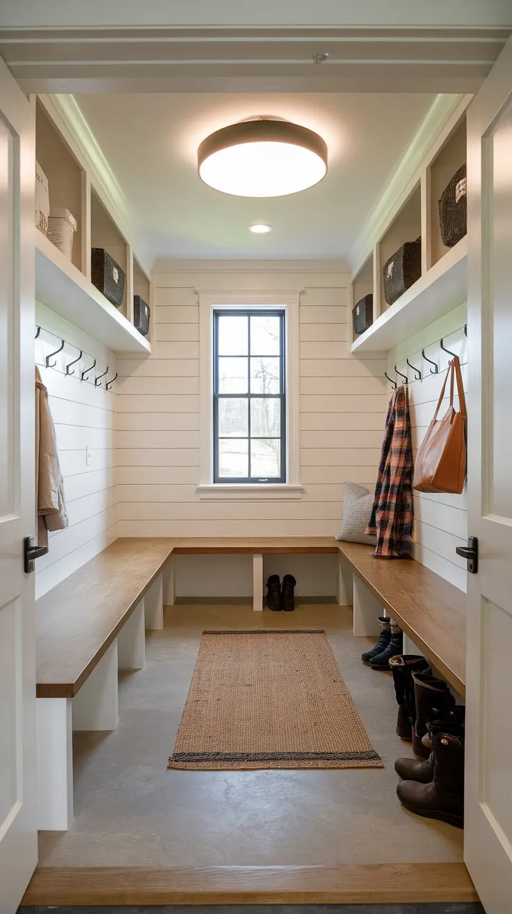 This entryway mudroom boasts a streamlined modern mudroom design. The mudroom entrance features a dedicated drop zone entry with a built-in mudroom wood bench and overhead storage. Clean white walls and easy-to-clean flooring make this entry hall mudroom a breeze to maintain. Consider this inspiring space when exploring mudroom ideas for your own home. The thoughtful design makes it a perfect foyer mudroom and a functional mudroom with drop zone.