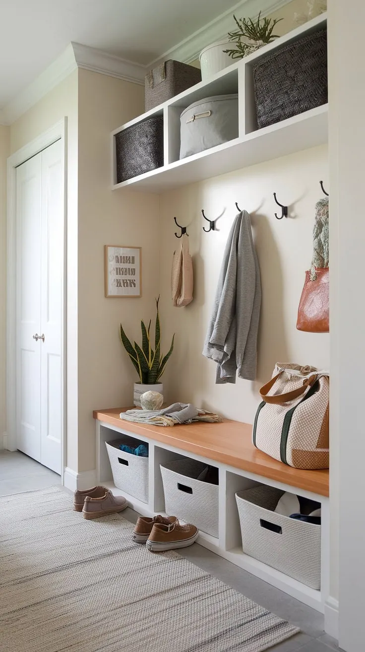 Step inside this entry hall mudroom, where a functional drop zone entry and mudroom with drop zone seamlessly blend style and practicality. Foyer mudroom perfection with a mudroom wood bench.