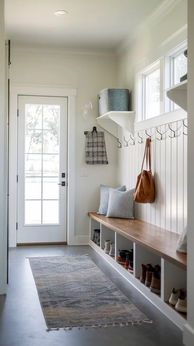 Step into this modern mudroom, a perfectly organized drop zone entry designed for busy families. The mudroom wood bench offers a convenient spot to sit and remove shoes, while the shelves and hooks keep everything tidy. This entryway mudroom, also functioning as a foyer mudroom, showcases smart entryway design with ample storage. The natural light streaming in from the window brightens the space, making this entry hall mudroom a welcoming mudroom entrance. Get inspired by these mudroom ideas for your own home.