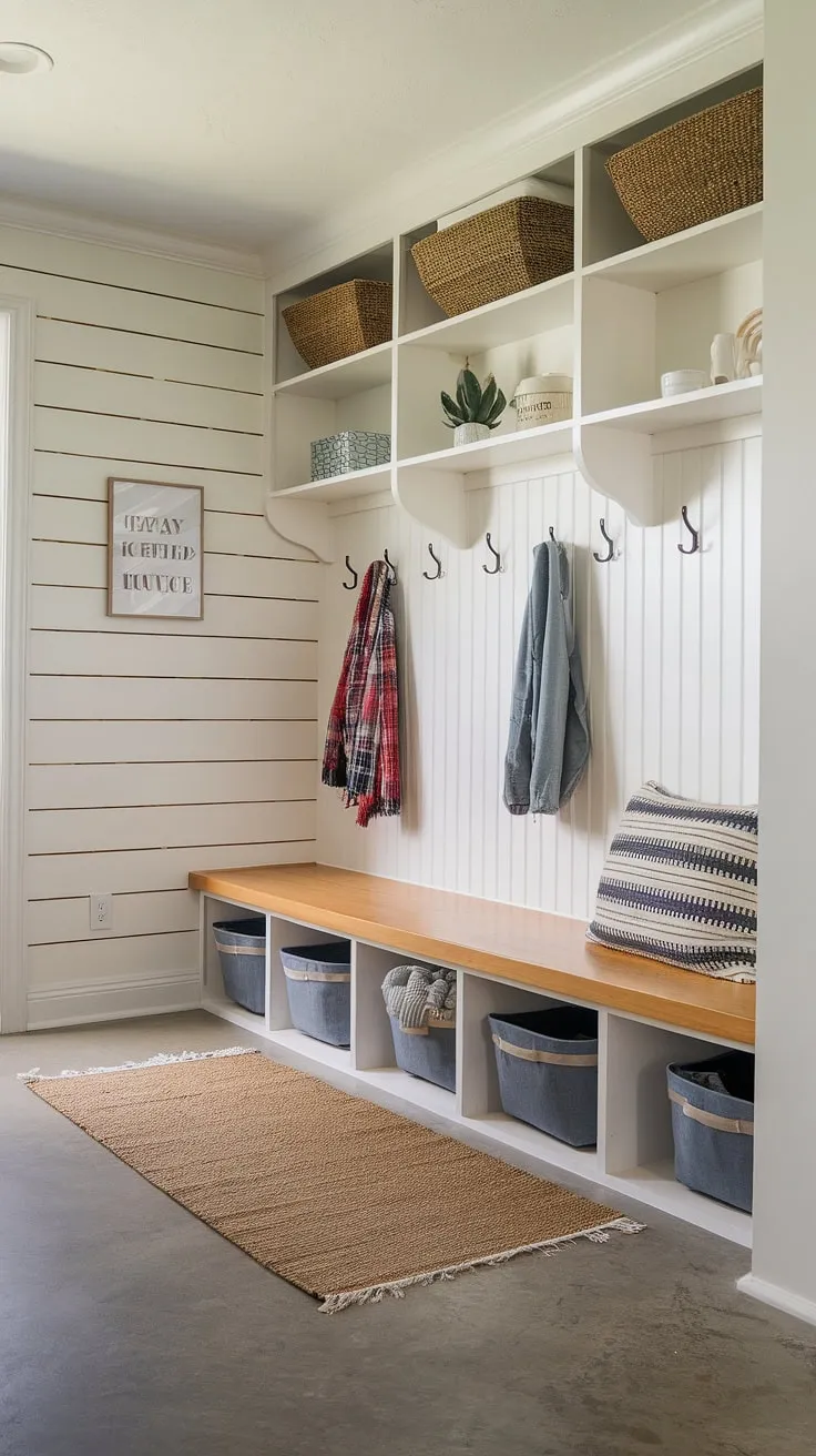 This modern mudroom boasts a practical drop zone entry, complete with a stylish mudroom wood bench offering ample storage. The entryway mudroom design features a welcoming rug at the mudroom entrance, keeping dirt outside. White walls and simple shelves add to the clean aesthetic, making this foyer mudroom and entry hall mudroom a perfect blend of form and function. These mudroom ideas showcase how a mudroom with drop zone can seamlessly integrate into your entryway design.