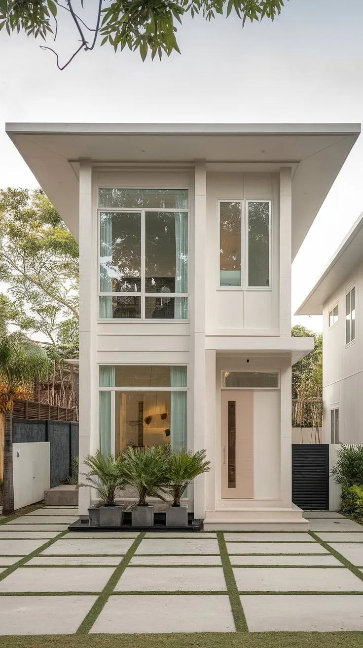 A contemporary duplex boasts spaciousness and a clean aesthetic, highlighted by its flat roof and simple facade.