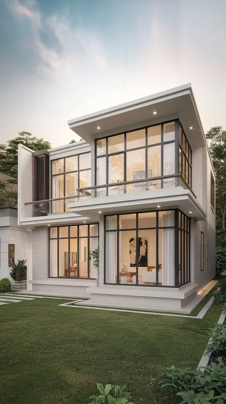 A modern white duplex with black windows, a balcony, and lush landscaping boasts a spacious, minimalist design.