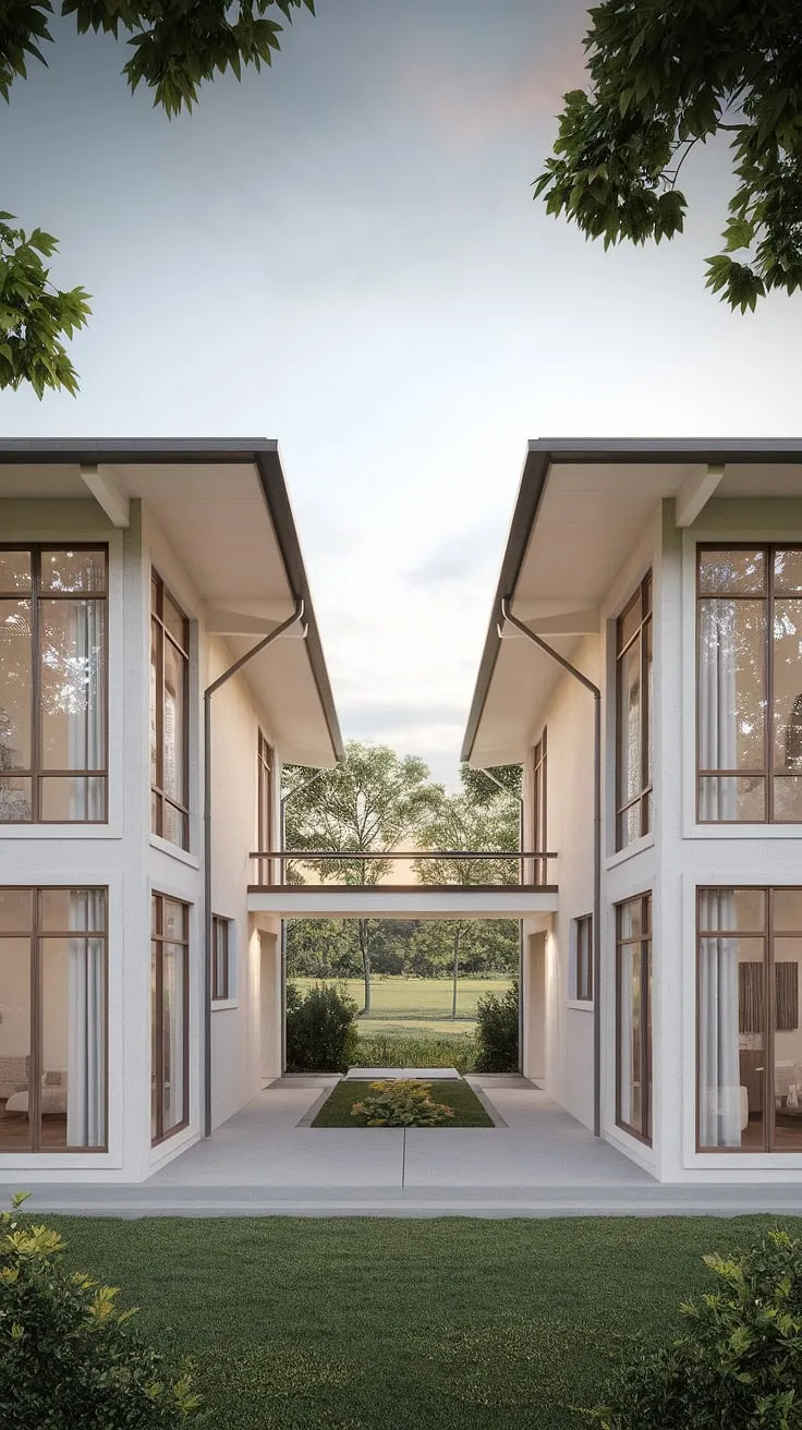 Clean lines and natural wood accents highlight this spacious duplex home nestled in a serene landscape.