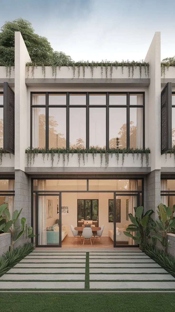 A contemporary concrete and wood duplex boasts a spacious design with a balcony and patio, offering both style and functionality.
