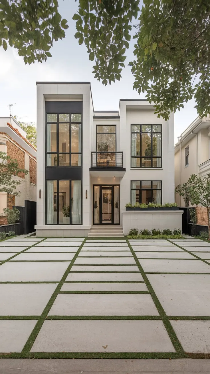 A modern white duplex with black accents boasts a spacious symmetrical design, large windows, a small balcony, and appealing landscaping.
