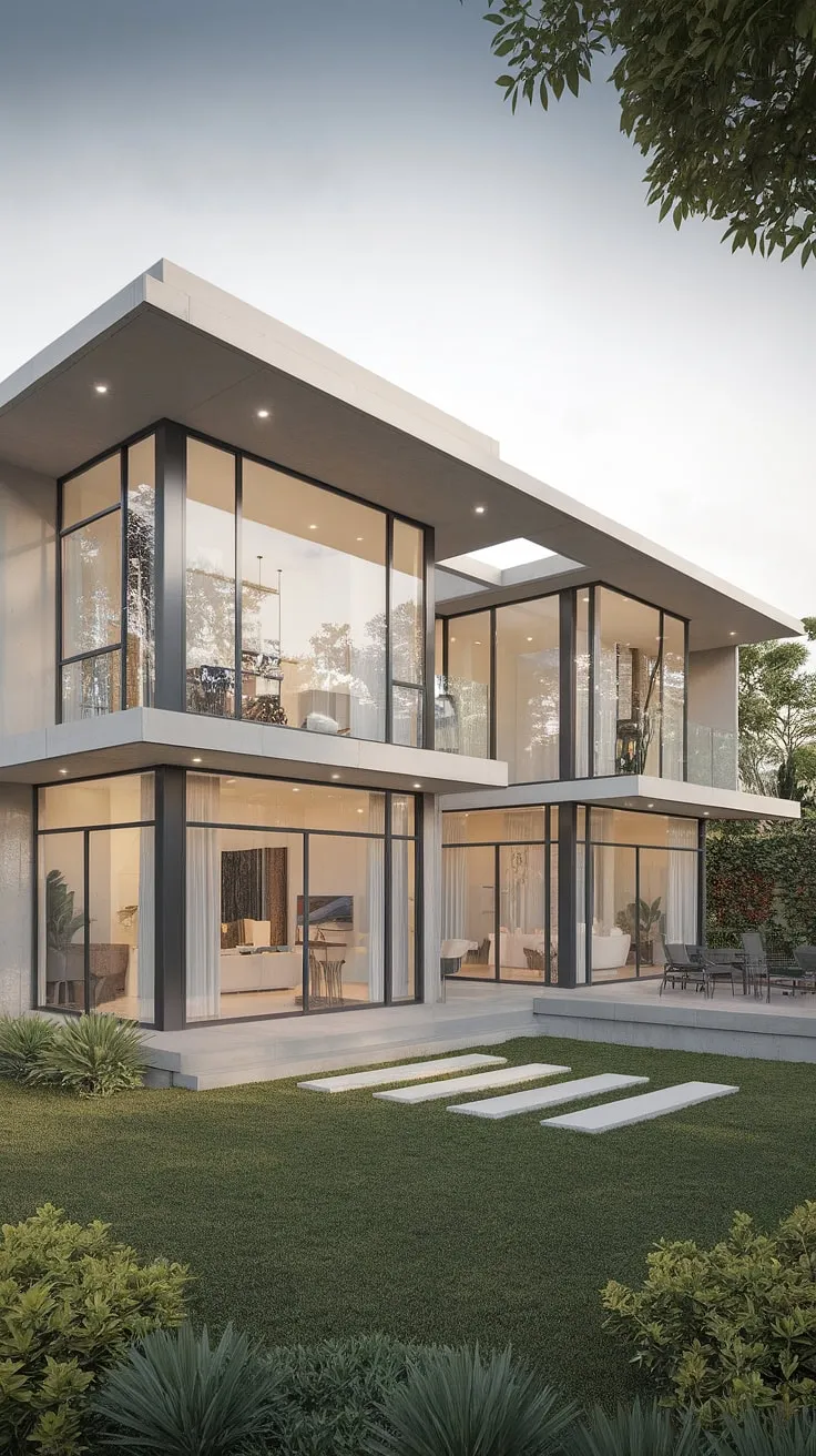 A sleek white duplex with expansive windows and a flat roof exemplifies modern architectural style.