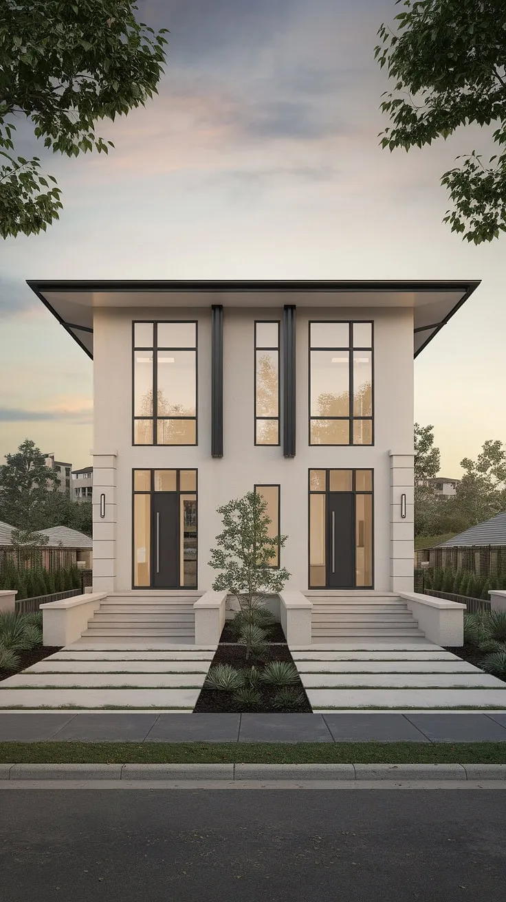 Elegant modern duplex boasts a clean white exterior, spacious design, and serene surroundings