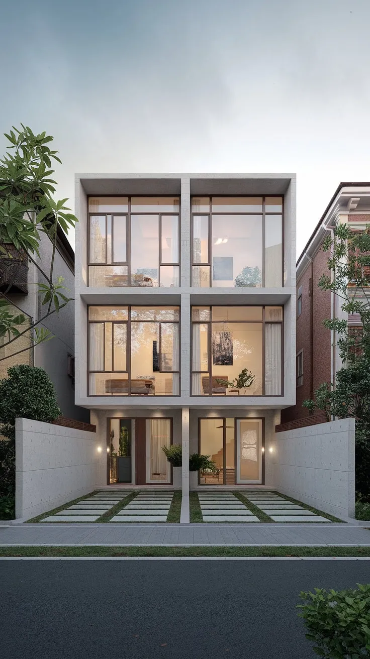 A clean white cement duplex with large windows offers two distinct living spaces in a peaceful, green setting.
