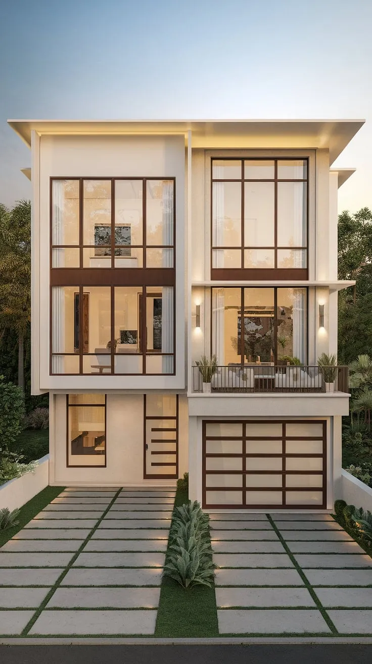 Elegant white duplex boasts spacious design and lush landscaping