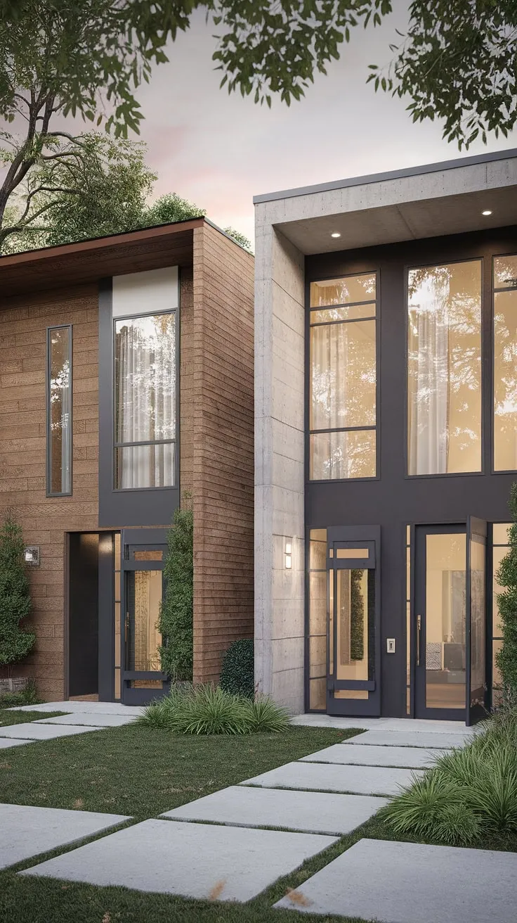 A modern duplex showcases contrasting architectural styles—wood and slanted roof on one side, concrete and flat roof on the other—united by large windows and a shared lush front yard.
