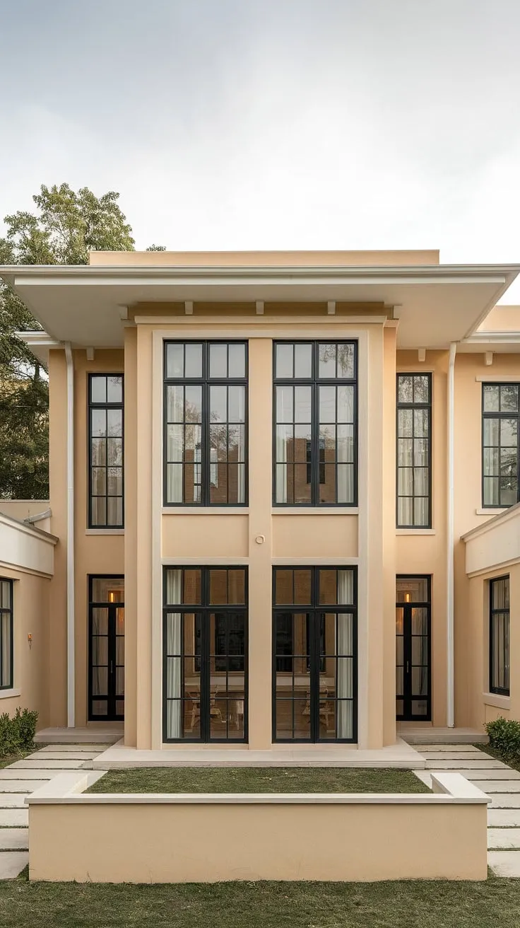 Elegant beige duplex boasts a minimalist design with expansive windows and a small garden