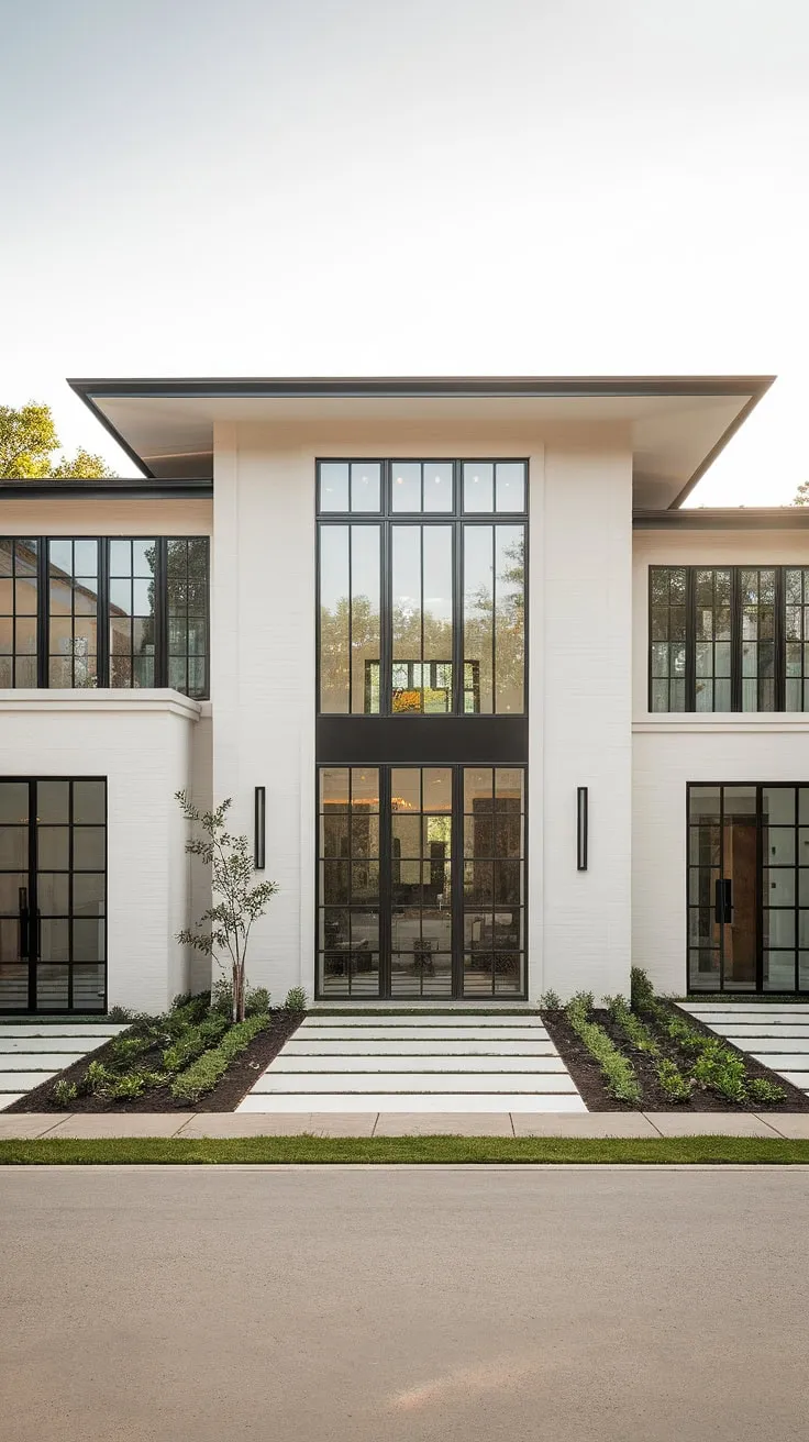 Modern duplex boasts a clean white exterior, black windows, and a spacious, minimalist design.