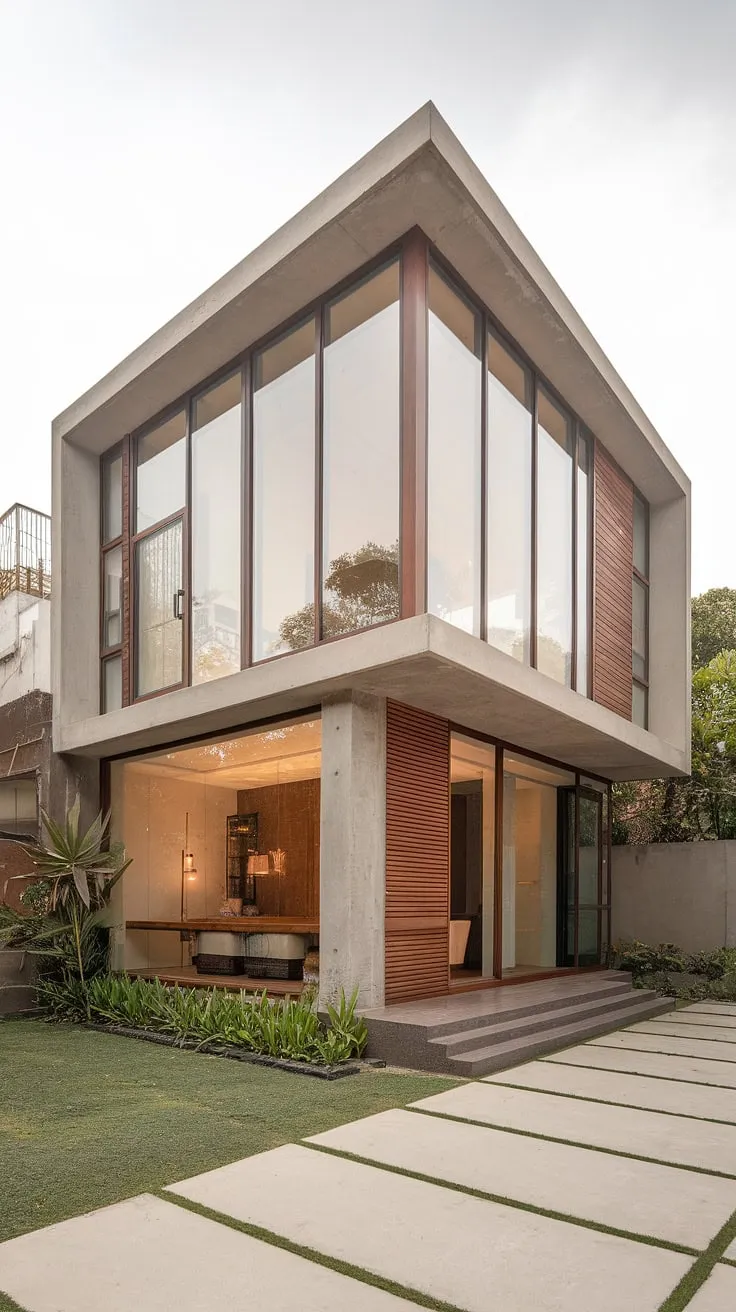 A sleek concrete and wood duplex features a unique angular facade, large windows, and minimal landscaping.