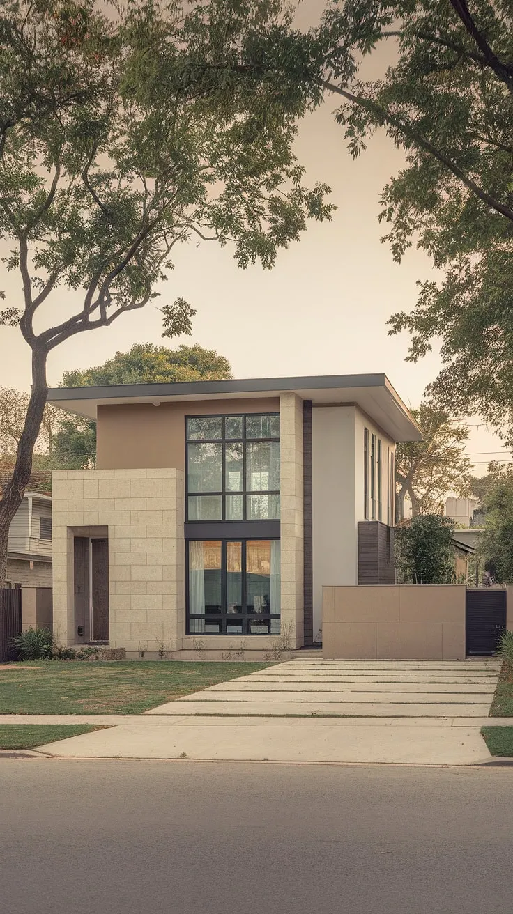 A spacious suburban duplex showcases a contemporary aesthetic with large windows and a flat roof.