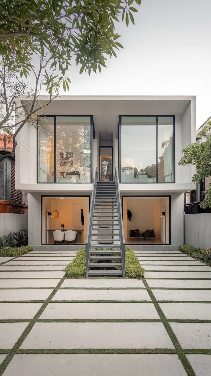 A minimalist white concrete duplex boasts a geometric design, large windows, and a connecting metal staircase.