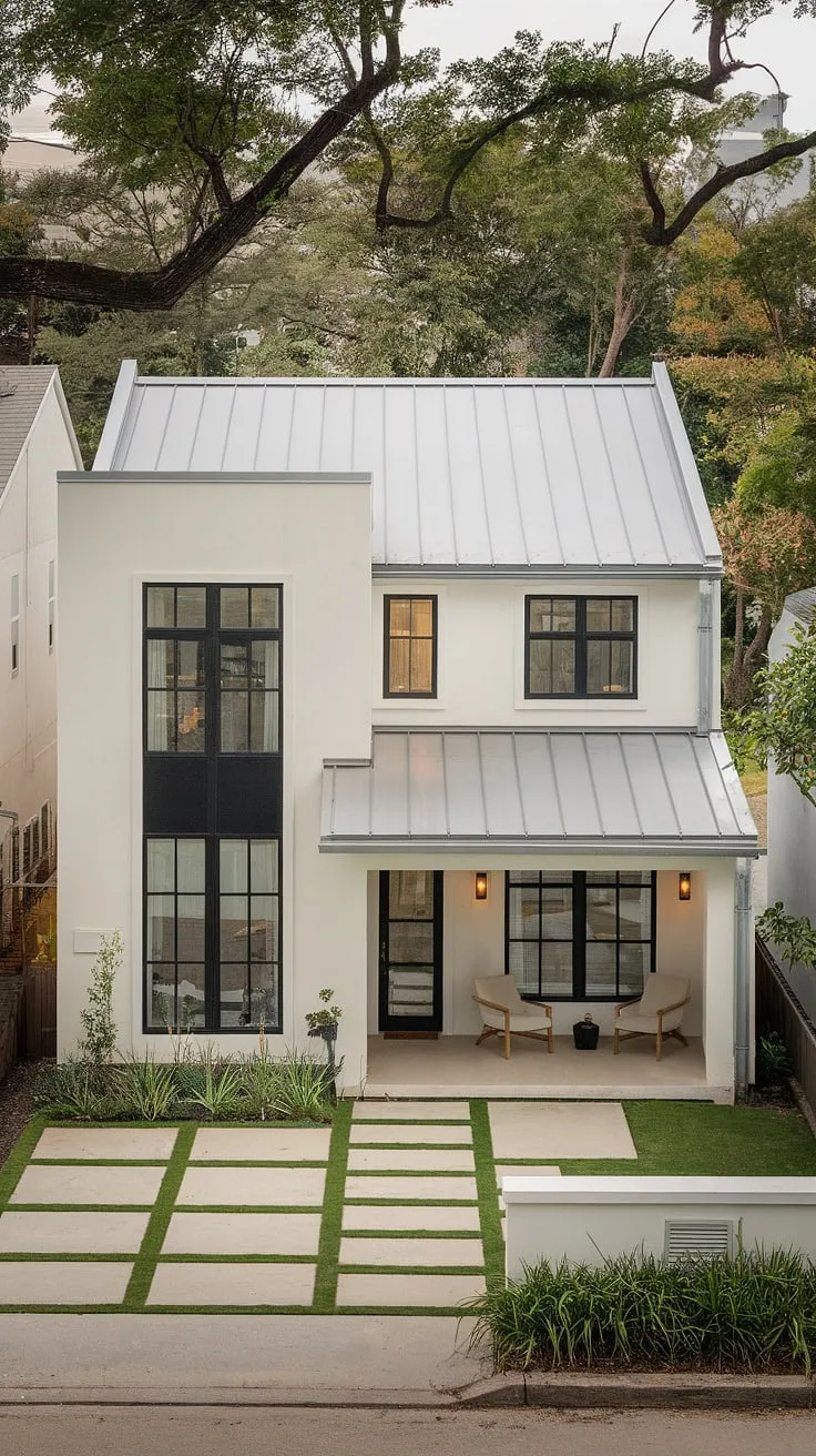 Modern white duplex with black windows and metal roof sits serenely amidst lush greenery