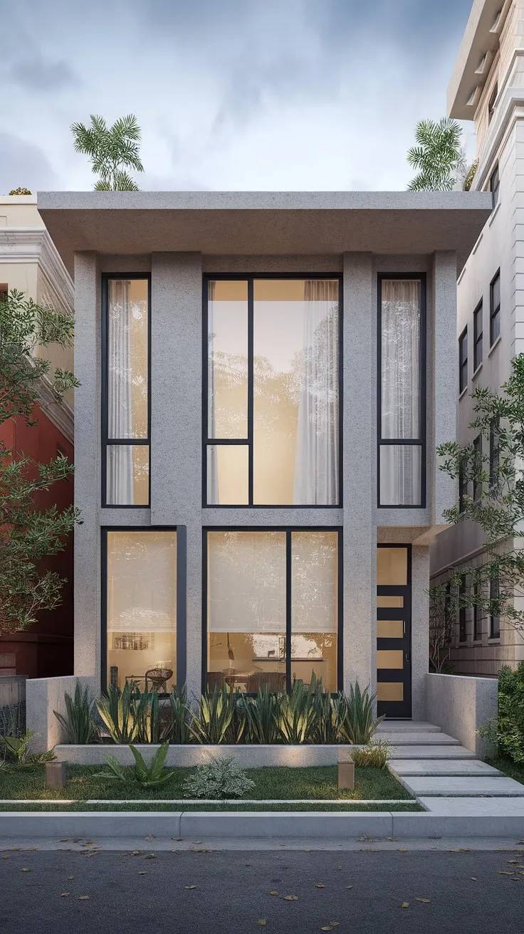 Sleek concrete duplex boasts a minimalist design with expansive windows and urban context