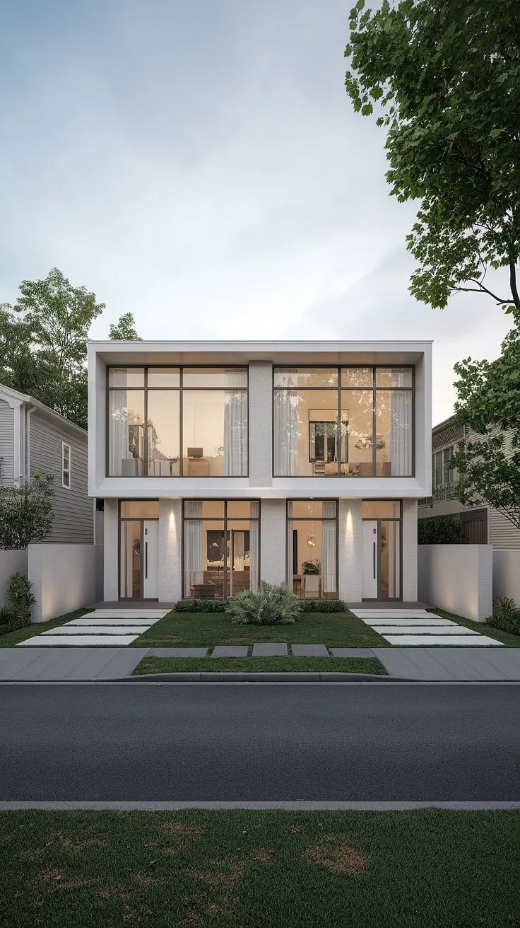 A spacious white duplex boasts a tranquil street-side presence, highlighted by large windows and subtle greenery.