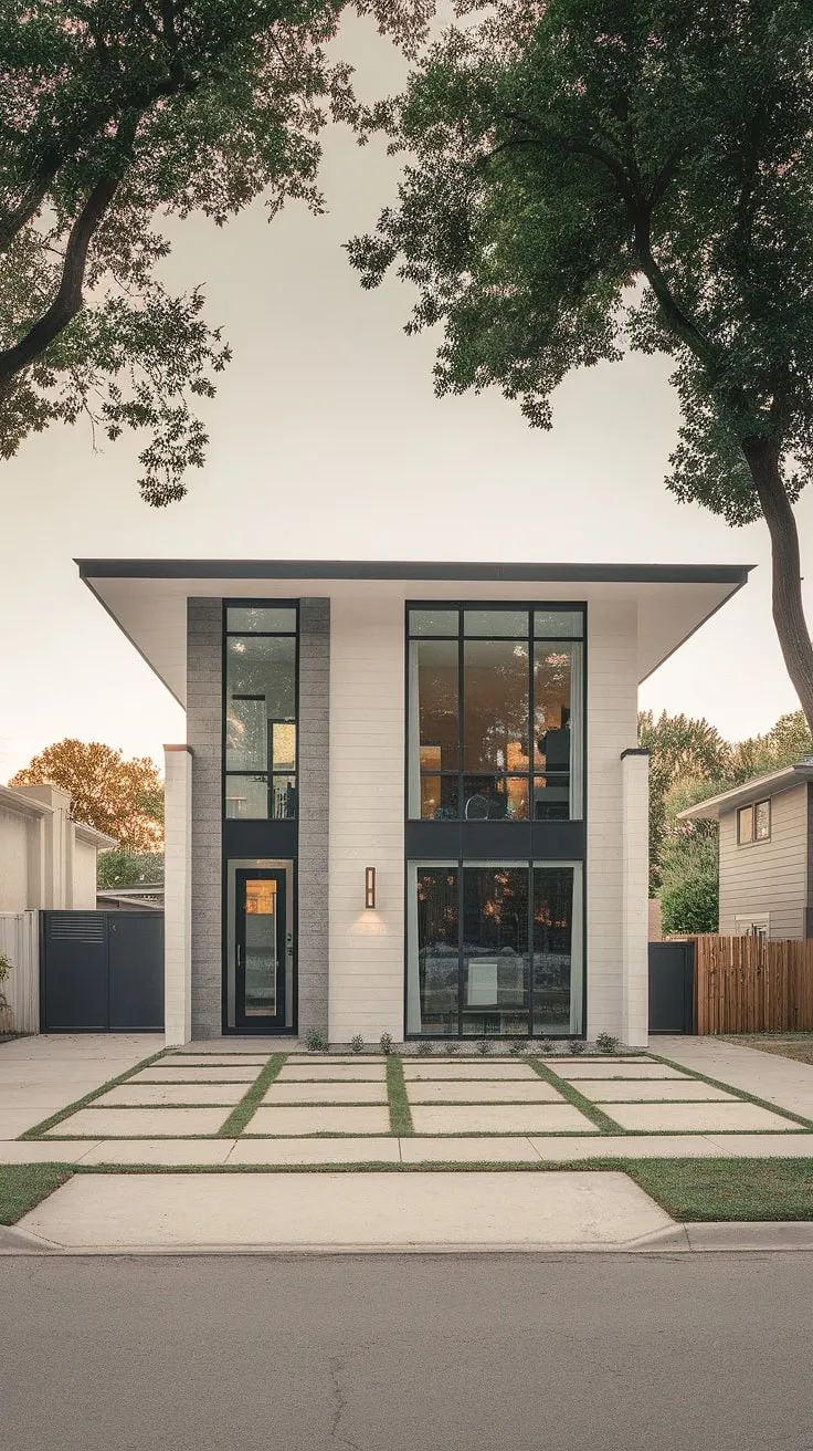 Modern white and grey duplex boasts a spacious design and large windows, nestled in a tree-lined suburban neighborhood.