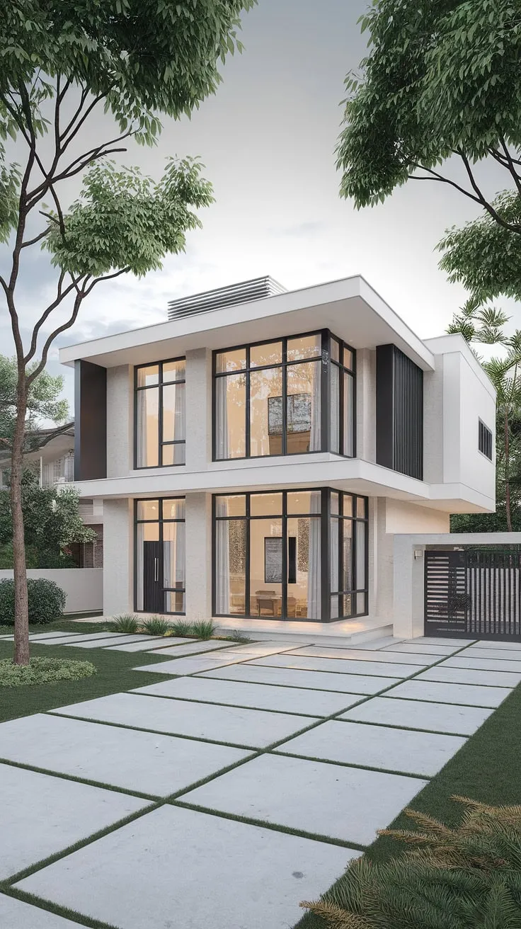 Elegant white and black duplex exudes modern minimalism with expansive windows and lush landscaping