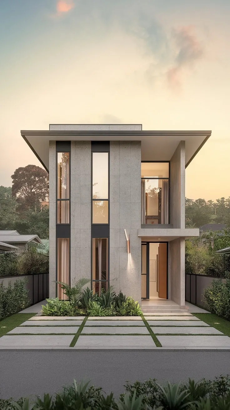 A spacious concrete duplex boasts a sleek, rectangular design against a serene backdrop.