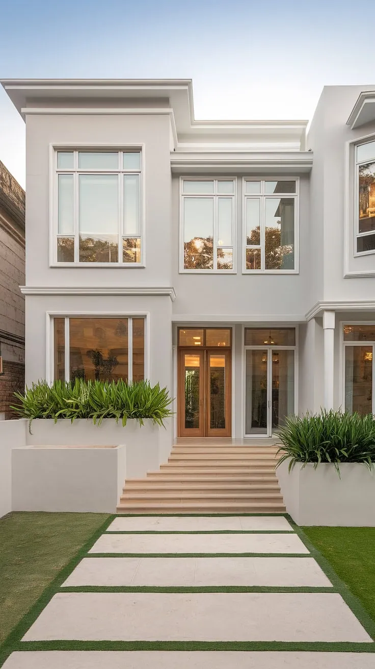 A light grey modern duplex, accented with greenery, boasts a spacious and minimalist design.