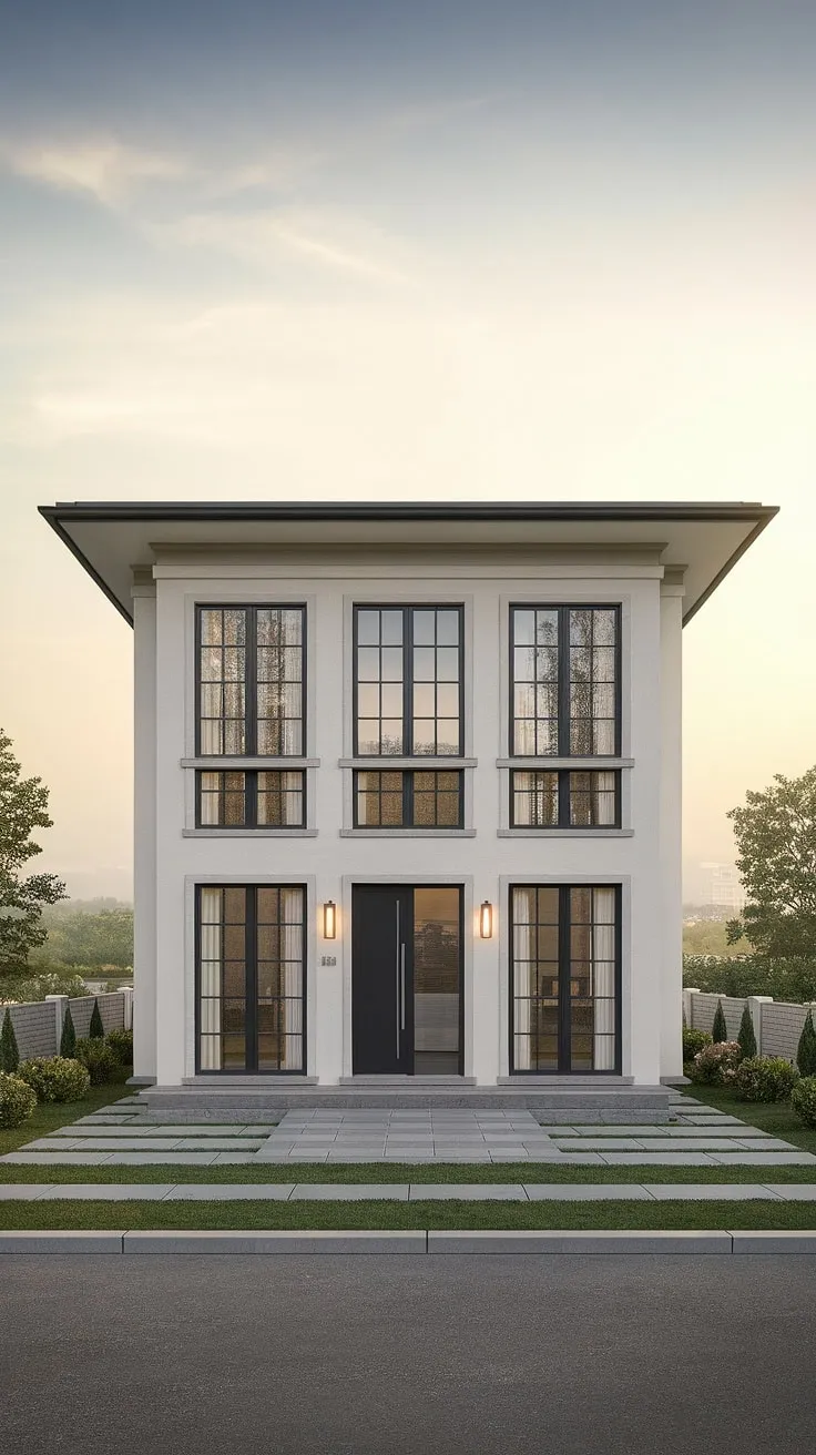 Modern light grey duplex features a clean aesthetic, black accents, and expansive windows overlooking a tranquil setting