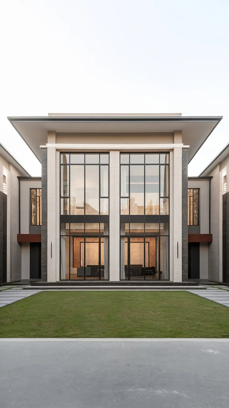 A sleek modern duplex, boasting a clean design and large windows, sits serenely on a flat lawn.