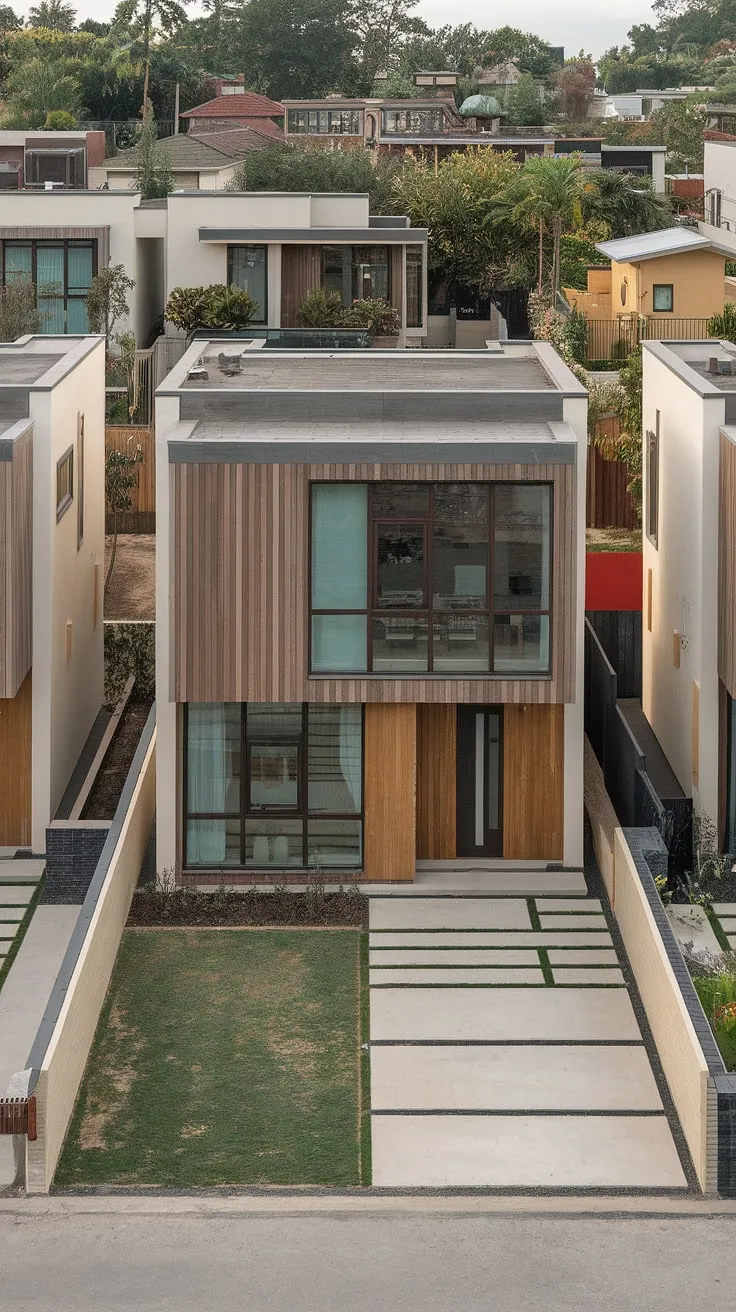 Modern duplex boasts spacious design, wooden facade, and private gardens in a tree-lined neighborhood