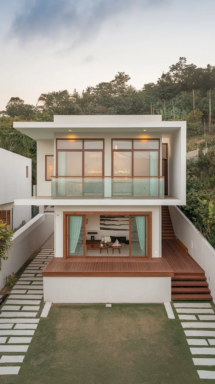 Modern hillside duplex boasts clean lines, wood accents, and expansive outdoor living space