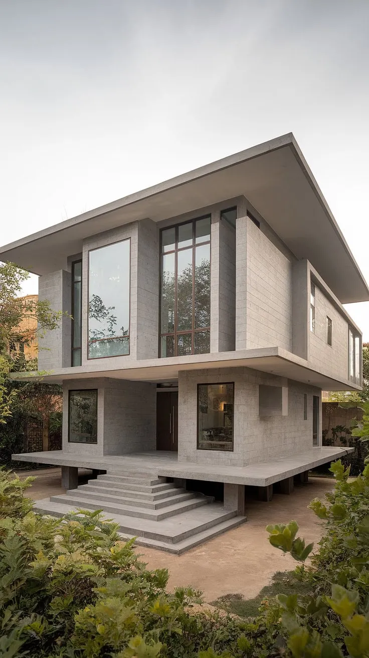 Elevated concrete duplex showcases modern design amidst lush greenery
