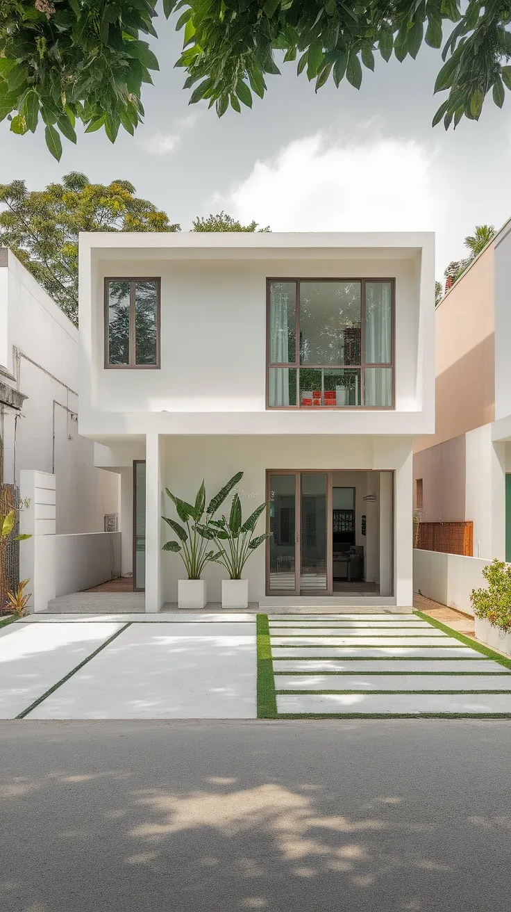 A bright white duplex offers minimalist design and convenient parking.