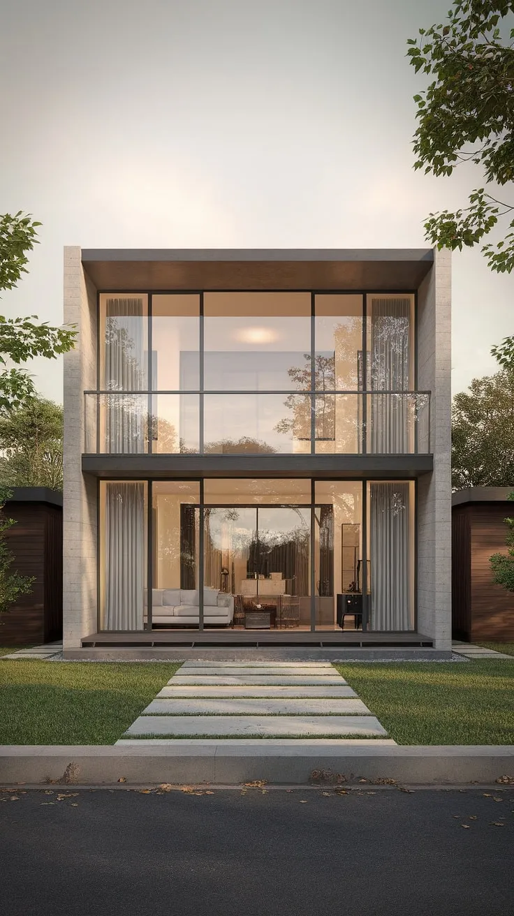 Modern concrete and wood duplex exudes calm sophistication with expansive glass and a tranquil setting