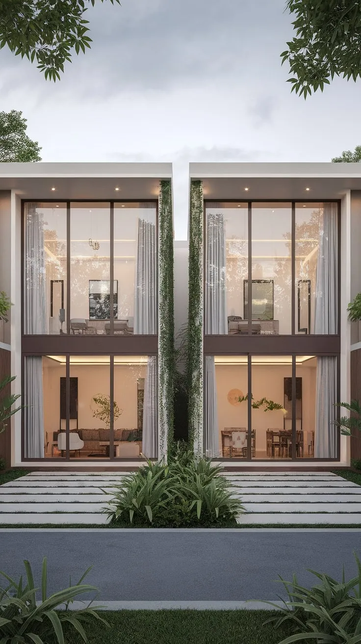 A modern duplex boasts a minimalist glass facade, showcasing spacious interiors and distinct units within a tranquil setting.